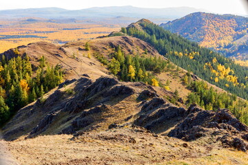 picturesque spurs of the Nurali ridge in the Ural Mountains in the Republic of Bashkortostan on an...