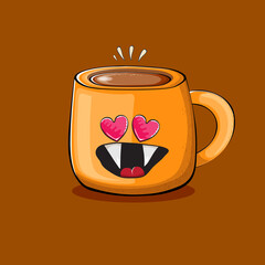 Vector cartoon coffee cup character with smiling faces isolated on brown background. Funky Kawaii orange coffee mug character. Good morning concept illustration with funny coffee