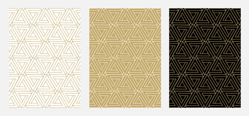 Luxury set of gold Geometric seamless patterns with triangles. Abstract geometric celtic knot. Use for printing on textiles, clothing, paper, gift wrapping, banners, book covers, etc.
