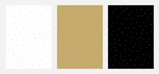Seamless geometric backgrounds. Vector abstract doodle patterns in gold and white colors on dark, gold and white backgrounds.  Ink doodles. Dots, specks, peas. Ideal for fabric, wallpapper, print,card
