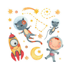 a set of cartoon watercolor illustrations with a boy and a cat and a mouse astronauts