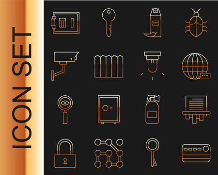 Set Line Credit Card, Paper Shredder, Social Network, Pepper Spray, Garden Fence Wooden, Security Camera, Safe And Motion Sensor Icon. Vector