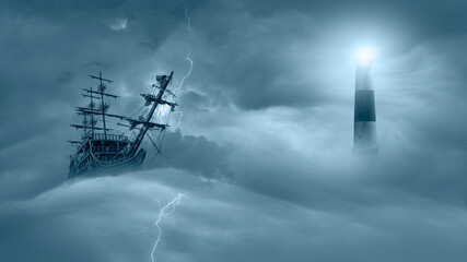 Flying old ship in the stormy dark clouds with lightning and magnificent lighthouse in the...