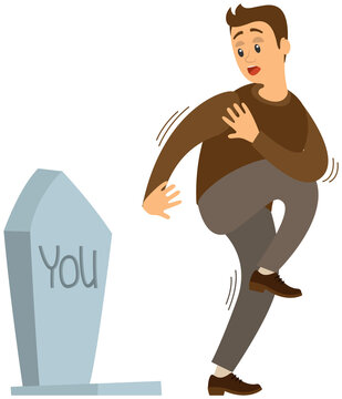 Male character suffering from fear of death near stone plate isolated on white background. Guy looking at tombstone is afraid to die. Man frightened of death. Thanatophobia, fear of dying concept