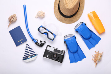 Composition with beach objects on white background. Top view. Flat lay. Sea vocation © splitov27