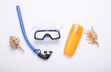 Composition with beach objects on white background. Top view. Flat lay. Sea vocation