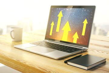 Creative concept of upward arrows illustration on modern laptop screen. Breakthrough and progress concept. 3D Rendering