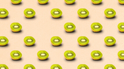Repeated pattern of many sliced ripe kiwi fruits with one missing spot. Light reddish textured paper background. 4k resolution.