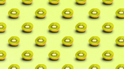 Repeated pattern of many sliced ripe kiwi fruits on light green background. Textured paper background. 4k resolution.