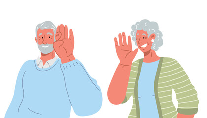 Old lady whispering something to her retired man.Vector flat illustration. 