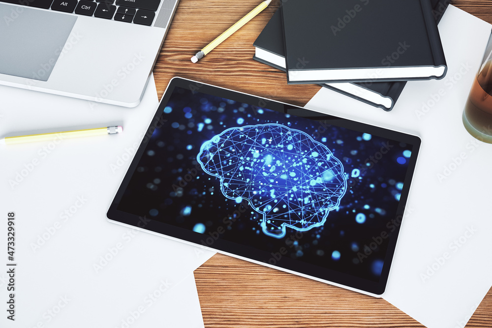 Leinwandbilder Top view of modern digital tablet monitor with creative artificial Intelligence symbol. Neural networks and machine learning concept. 3D Rendering