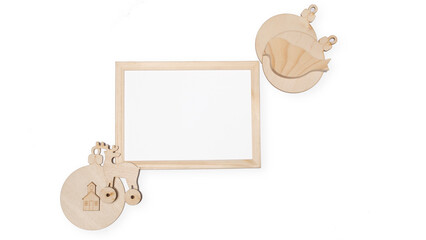 Mockup wooden frame with Christmas toys