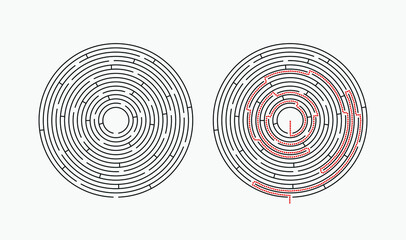 black round complex labyrinth and its duplicate with the correct path on a white background