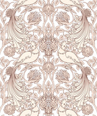 Floral vintage seamless pattern wit birds for retro wallpapers. Enchanted Vintage Flowers. Arts and Crafts movement inspired. Design for wrapping paper, wallpaper, fabrics and fashion clothes.
