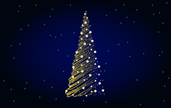 vector hand-drawn christmas tree. flat image of golden christmas tree with balls on dark background