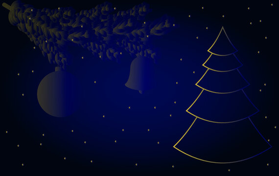 vector new year banner with dark background. flat image of postcard with christmas tree and balls