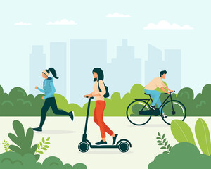 Person riding on bikecycle flat vector illustration. Young girl riding environmentally friendly electric scooter in town. flat vector illustration. people walk in the park, girl running