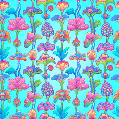 Floral colorful seamless pattern, retro 60s, 70s hippie style background. Vintage psychedelic textile, fabric, wrapping, wallpaper. Vector repeating illustration.