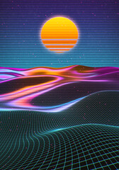 New retro wave styled illustration. Holographic grid terrain with laser sunset. Neon light colored background for flyer, cover, brochure. Retro futuristic landscape