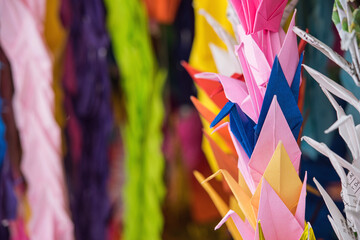 Colorful 1,000 paper cranes at Children’s Peace Monument in Hiroshima Peace Memorial...