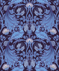 Floral vintage seamless pattern wit birds for retro wallpapers. Enchanted Vintage Flowers. Arts and Crafts movement inspired. Design for wrapping paper, wallpaper, fabrics and fashion clothes.