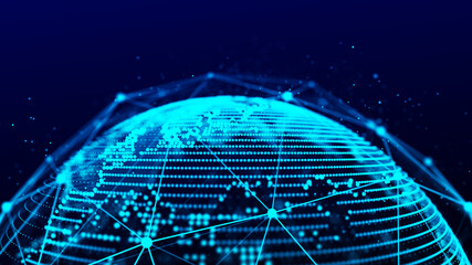 Abstract planet Earth with particles and a connected shell with lines. Global network connection. Science and technology. 3D rendering.