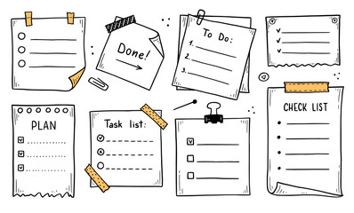 Doodle checklist set. To do, task list with check mark vector illustration. Hand drawn sketch style memo page.