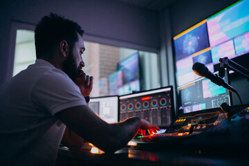 Man at a recording srudio, music production