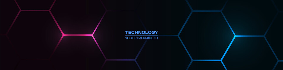 Black hexagonal technology abstract vector background with pink and blue colored bright flashes under hexagon. Hexagonal gaming vector abstract background. Pink and blue honeycomb blackk wide banner