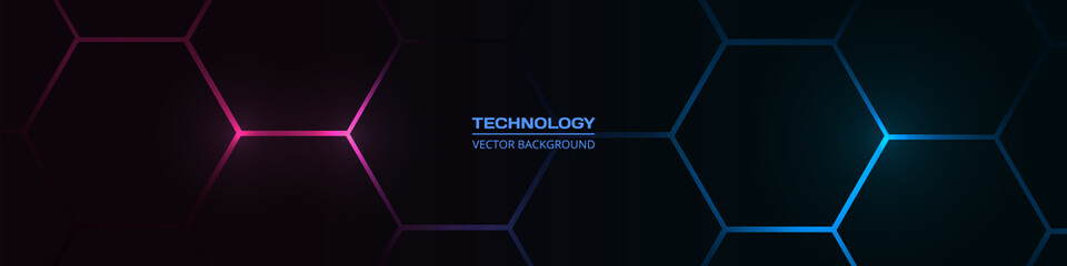 Black hexagonal technology abstract vector background with pink and blue colored bright flashes under hexagon. Hexagonal gaming vector abstract background. Pink and blue honeycomb blackk wide banner © Biod