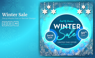 Winter sale social media post instagram banner. Winter-time gift discount offer. Christmas ad flyer with snow, fir tree, snowflakes texture graphic elements vector template design