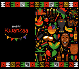 Vector card with collection of Happy Kwanzaa. Holiday symbols on black background. Vector illustration.