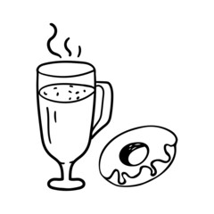 Cartoon drawing of coffee latte and donut.