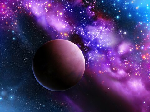 Amazing space with millions of stars, colored nebulae and a planet. Universe, wallpaper for background. 