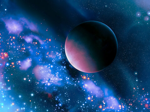 Distant planet against the background of stars and nebulae. Earth-like exoplanet from another system. Beauty of the universe 3d illustration. 