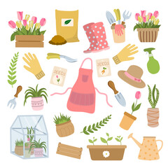 Spring garden fashion clothes, equipment, potted flowers, and plants clipart. Isolated on white background. Great for stickers, decor, prints.