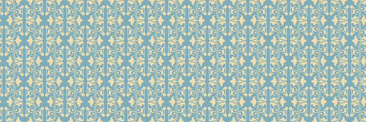 Old-fashioned background pattern with decorative floral ornaments on a blue background. Seamless wallpaper texture. Vector image