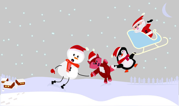 Kardan adam, kutup tilkisi, penguen ve Noel Baba kızağıyla kar yağarken yeni kutluyorlar. Afiş, afiş, tebrik kartı, kutlama kartı