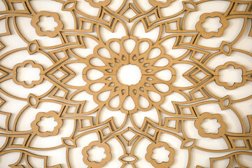 Wooden pattern in the rococo style on a white background. A horizontal photo with a professionally carved wood pattern. Stylish wooden element in the decor. Wooden background in oriental style