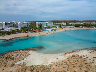 Nissi Beach in Ayia Napa, clean aerial photo of famous tourist beach in Cyprus, the place is a...