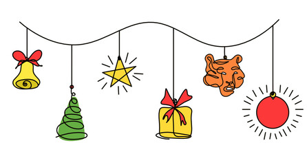 Abstract color new year toys as continuous line drawing on white background. Vector	
