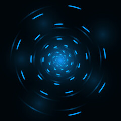 Blue abstract spiral circle neon lines on black background. Abstract helix round blue shape geometric backdrop. Vector illustration