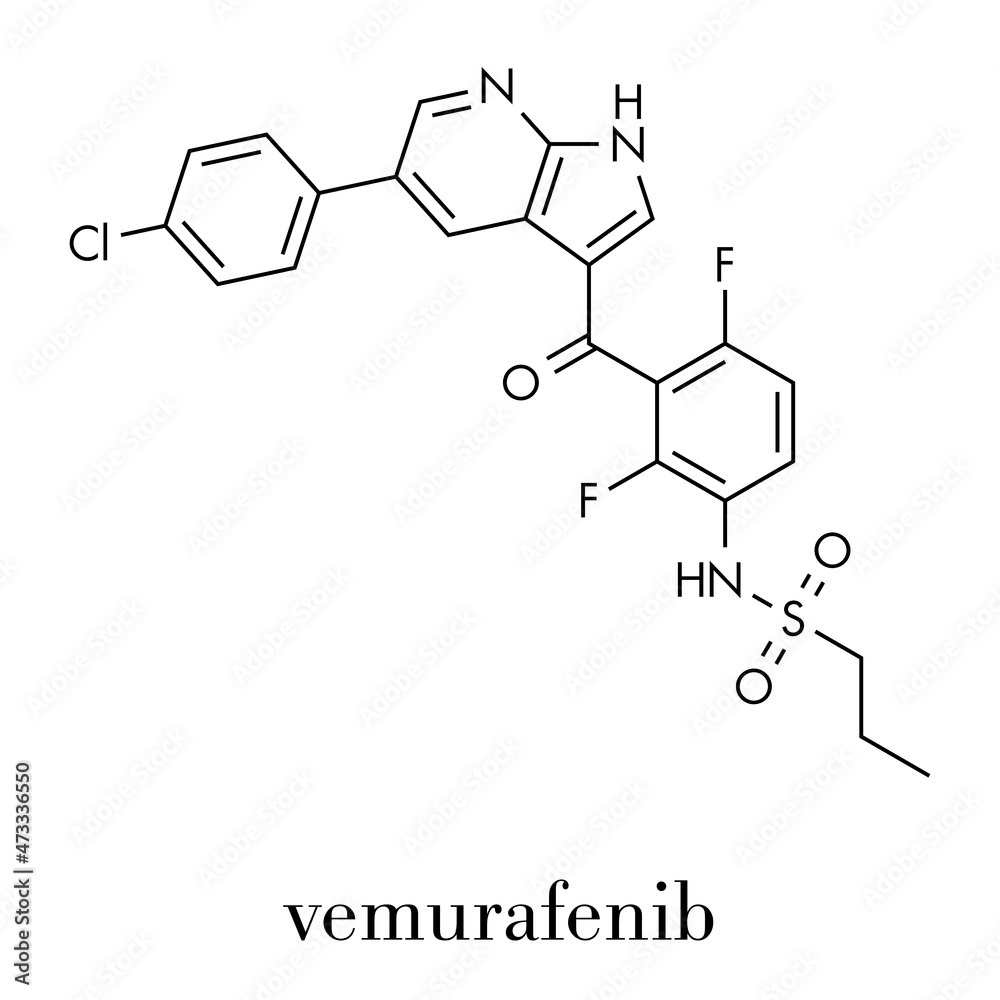 Poster vemurafenib melanoma drug molecule. skeletal formula.