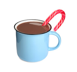 Cup of delicious hot chocolate with candy cane isolated on white