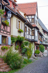 Fototapeta na wymiar Street of Eguisheim with half-timbered houses, France, Alsace