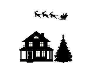Silhouette of Santa in sleigh flying over the house. Symbol Happy Merry Christmas.