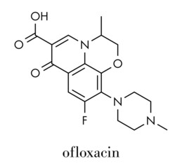 Ofloxacin fluoroquinolone antibiotic drug molecule. Skeletal formula.