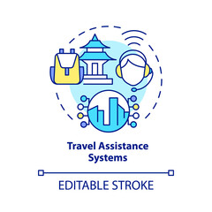 Travel assistance system concept icon. Passengers support app. Digitalization of tourism abstract idea thin line illustration. Vector isolated outline color drawing. Editable stroke