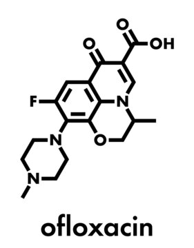 Ofloxacin fluoroquinolone antibiotic drug molecule. Skeletal formula.