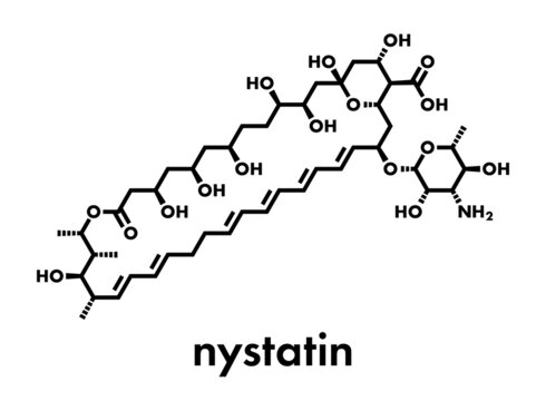 Nystatin antifungal drug molecule. Used in treatment of Candida infections. Skeletal formula.